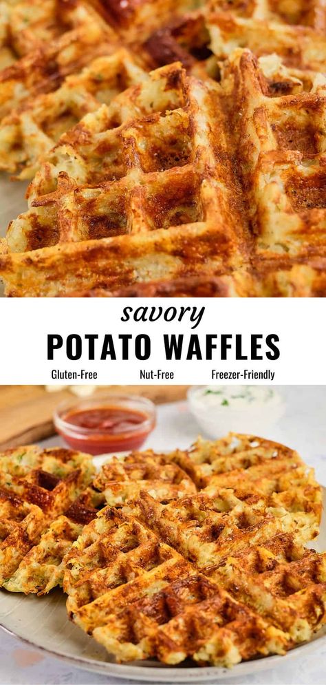 Shredded Potato Waffles, Waffles Savory, Mashed Potato Waffles, Brunch For A Crowd, Potato Waffle Recipe, Savory Waffle Recipe, Vegan Cheddar Cheese, Crowded Kitchen, Waffle Iron Recipes