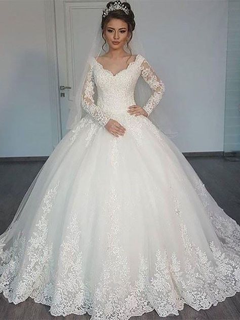 Ball Gown Long Sleeves Court Train V-neck Tulle Wedding Dresses Long Sleeve Ball Gown Wedding Dress, Wedding Dresses Lace Ballgown, Long Sleeve Ball Gowns, Wedding Dresses Uk, Bridal Ball Gown, Bridal Dresses Lace, Lace Ball Gowns, Long Sleeve Wedding Dress Lace, White Wedding Dress