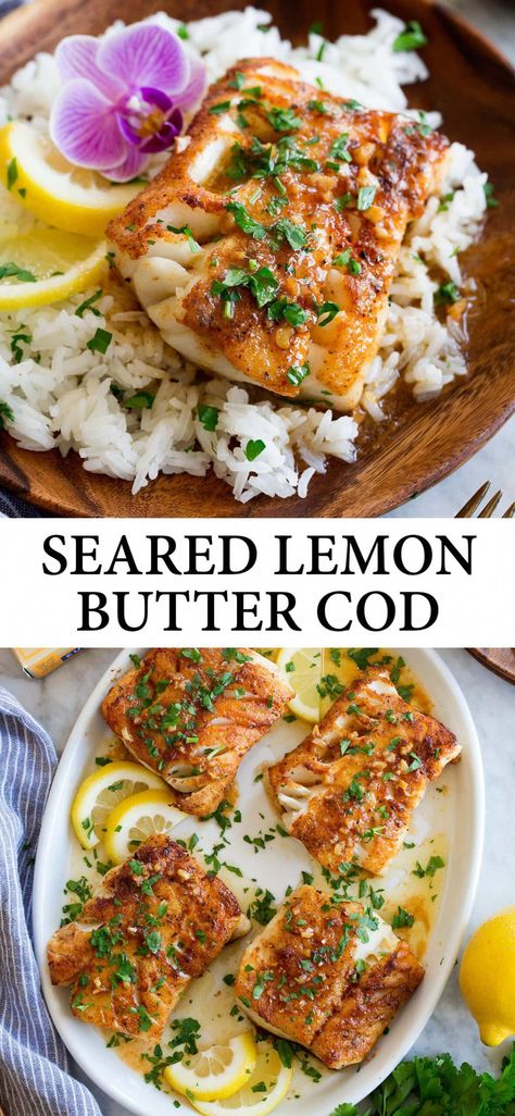 Lemon Butter Cod - Easy pan seared recipe! Made with flakey cod fish, a simple seasoning, bright lemon, and ultra rich butter! It's pan seared to achieve a light browning and flavor boost, and you can have it ready in just 25 minutes! Recipe on cookingclassy.com. #GrilledSeafoodFavorites Lemon Butter Cod, Cod Dinner, Butter Cod, Haddock Recipes, Mediterranean Lifestyle, Cod Recipes, Grilled Seafood, Fish Dinner, Cod Fish