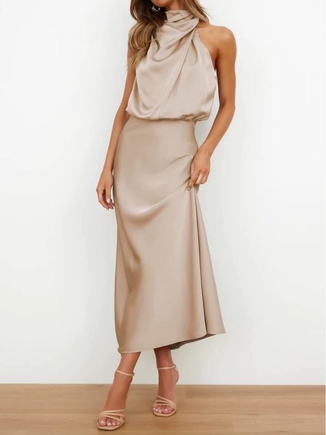 Famulily Wedding Guest Dresses for Women Satin Irregular Sleeveless Mock Neck Cocktail Elegant Evening Party Dress Beige XL : Amazon.ca: Clothing, Shoes & Accessories Beige Dress Outfit Wedding, Beige Dress Outfit, Bridesmaid Dress Pink, Satin Halter Dress, Summer Cocktail Dress, Outfit Wedding, Satin Dress Long, Outfit Wedding Guest, Beige Dress