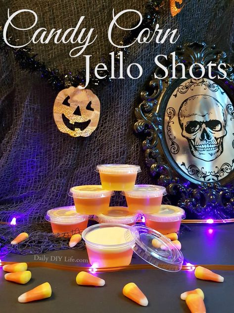 Grown-ups need a trick or treat too! These Candy Corn Jello Shots are a whimsical treat for the adults looking to bring out their inner child. Sweet, strong and potent, just the right kick for all the grown-ups this Halloween. Enjoy Responsibly! #Cocktails #FallCocktails #CandyCornDrinks #JelloShots #AdultBeverages #HalloweenCocktails Candy Corn Drinks, Candy Corn Jello, Candy Corn Jello Shots, Alcohol Candy, Halloween Jello Shots, Halloween Jello, Layered Jello, Lemon Jello, Jello Shot Recipes