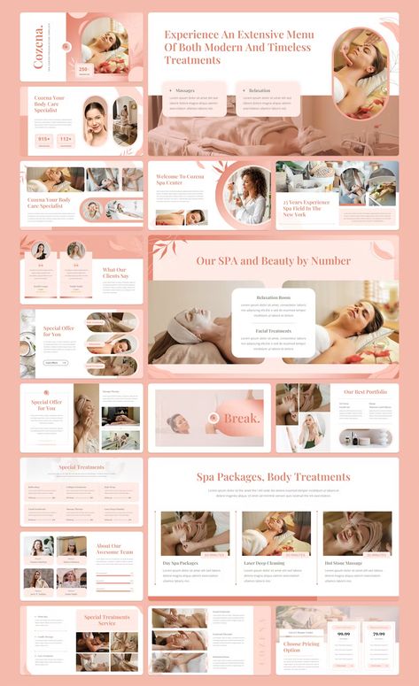 Spa Center Keynote Template Massage Templates, Canva Presentation Template, Best Presentation Templates, Free Powerpoint Presentations, Presentation Deck, Presentation Design Layout, Powerpoint Layout, Spa Business, Slide Presentation