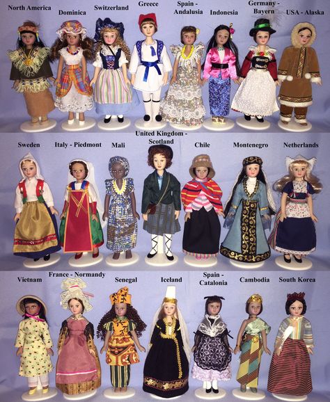 Dolls in costumes of the World (complete collection of dolls - DeAgostini Russia) Paper Dolls From Around The World, Different Countries Costumes, Sweden Costume, Malaysian Clothes, Quilling Dolls, Dolls Of The World, Asian Dolls, Sewing Measurements, Costumes Around The World