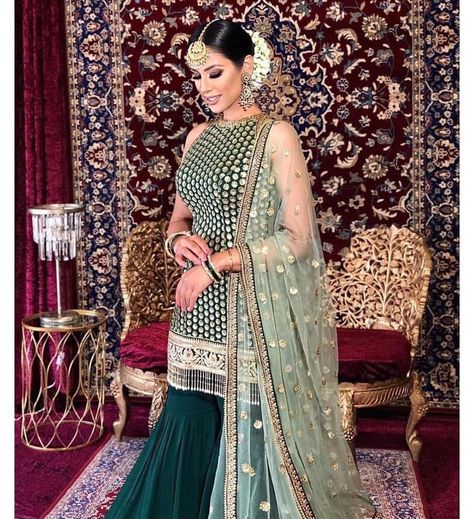 Lehanga Bridal, Green Sharara Suit, Green Sharara, Gharara Designs, Indian Gown, Kids Lehenga Choli, Lehenga Dress, Western Glam, Sharara Designs