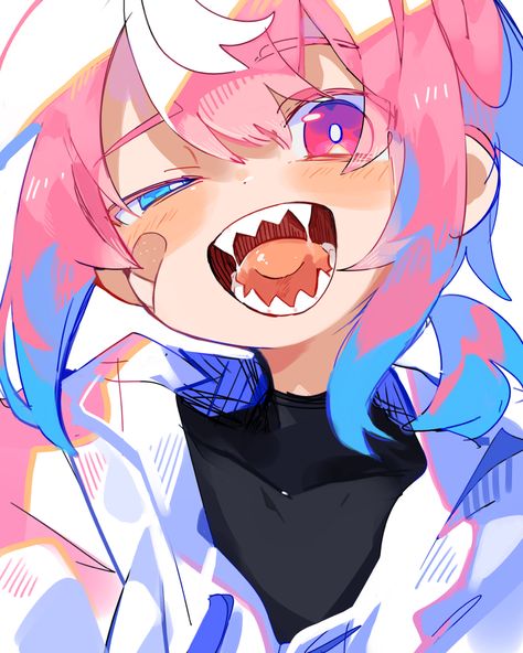 Anime Teeth Reference, Anime Sharp Teeth, Genderfluid Character, Teeth Drawing, Turtleneck White, Pink Hair Anime, Teeth Art, Yume Kawaii, Boy Anime