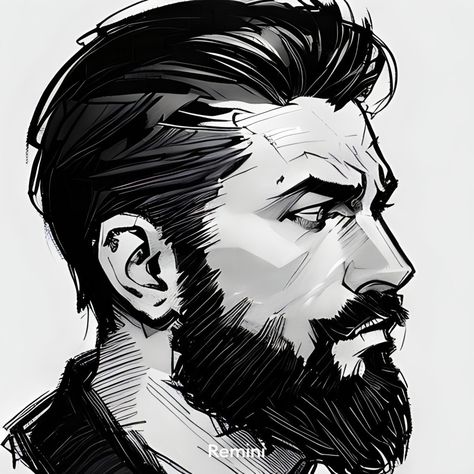 Anime Beard Drawing Reference, Drawing Man With Beard, Man With Stubble Character Art, Bearded Guy Drawing, Beard Styles Drawing, Burly Men Drawing, Anime Beard Drawing, Bearded Character Design, Guy With Beard Drawing