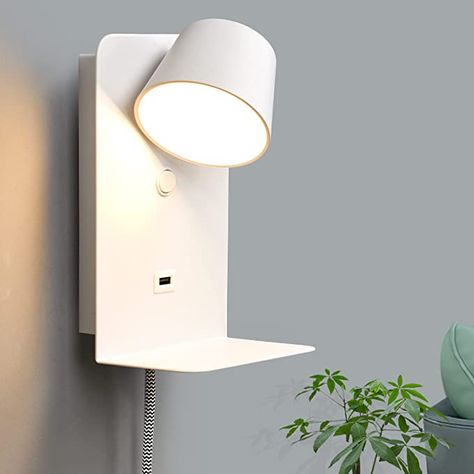 Nyc Room, Wall Mounted Reading Lights, Modern Night Light, Shelf For Bedroom, White Wall Bedroom, Plug In Wall Lamp, Contemporary Wall Lights, Reading Wall, Plug In Wall Lights