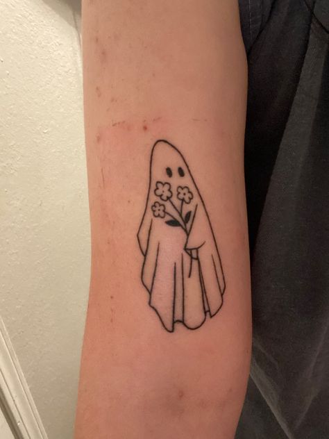 ghost, flowers, tattoo, arm tattoo, bicep tattoo, ghost holding flowers tattoo, ghost with flowers tattoo Ghost With Flowers Tattoo, Ghost Holding Flowers Tattoo, Holding Flowers Tattoo, Ghost Holding Flowers, Ghost With Flowers, Sheet Ghost, Flowers Tattoo, Holding Flowers, Rose Tattoo