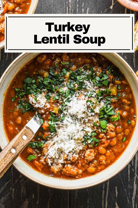 This Turkey Lentil Soup is a super easy and delicious dinner with tender vegetables, melt in your mouth lentils, and juicy ground turkey. Made all in one pot, it’s a perfect easy weeknight meal. Ground Turkey And Mushroom Soup, Ground Turkey Soups And Stews, Lentil Turkey Soup, Ground Turkey Lentil Soup, Ground Turkey And Lentils Recipes, Soup Ground Turkey, Ground Turkey Soup Recipes, Soup With Ground Turkey, Lentil Soup Crockpot