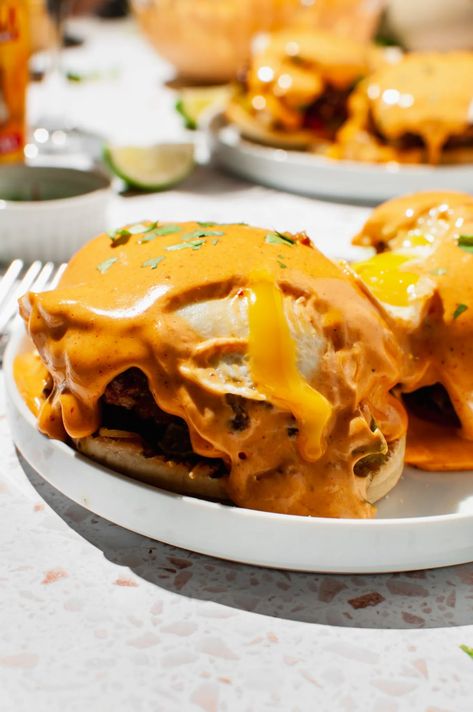 Southwest Eggs Benedict, Spicy Eggs Benedict, Chipotle Eggs, Benedict Recipe, Chipotle In Adobo Sauce, Eggs Benedict Recipe, Sauteed Peppers And Onions, Chorizo And Eggs, Spicy Eggs