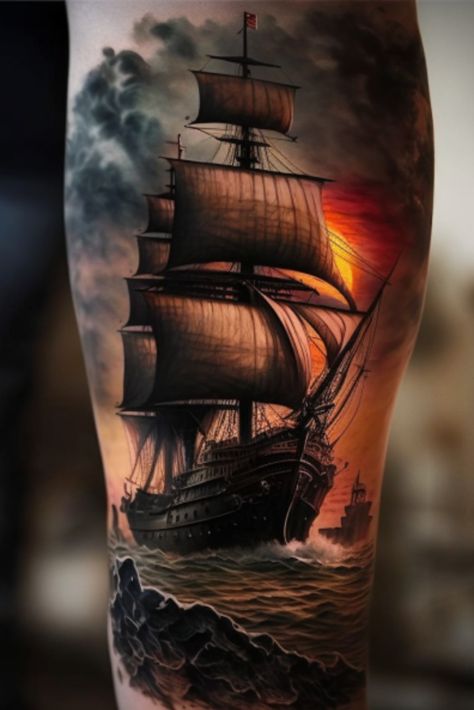 ship tattoos Grande Tattoo, Nautical Ship Tattoo, Notical Tattoos Sleeve, Ship Leg Tattoo, Pirates Ship Tattoo, Ship Tattoos For Men, Big Ship Tattoo, Boat Tattoo Men, Burning Ship Tattoo