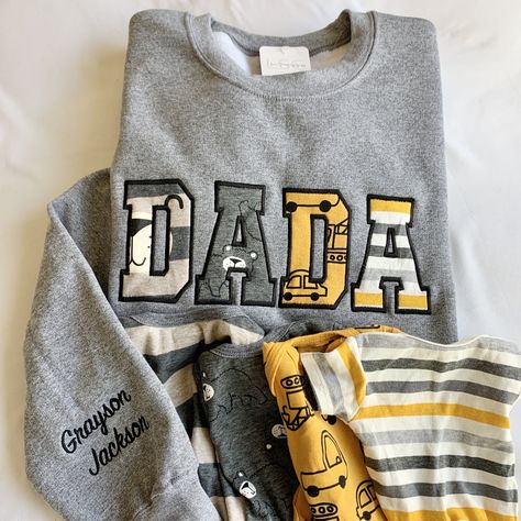 How to order: 1. Select sweatshirt SIZE and COLOR  2. Select NAME ADD ON 3. In the personalization box please include:  🧵 Text for chest (3-5 letters - MAMA, DAD, DADA, PAPA, GIGI, NANA, etc..) 🧵 Name of child(ren) if needed 🧵 Thread color  (thread color is used for both text across chest and text on sleeve, unless otherwise indicated)  4. ADD TO CART 5. I will message you on how and where to send your baby/ child clothes 🔁 Repeat these steps if purchasing an additional sweatshirt for dad or Dad Sweaters, Baby Clothes Gift, Child Clothes, Gifts For Grandparents, Sewing Gifts, Baby Outfits, Grandpa Gifts, Mom Outfits, Color 2