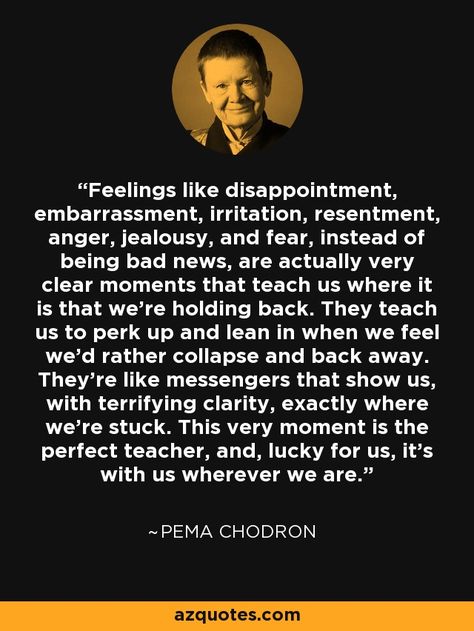 Feelings like disappointment, embarrassment, irritation, resentment, anger, jealousy, and fear, instead of being bad news, are actually very clear moments that teach us where it is that we’re holding back. They teach us to perk up and lean in when we feel we’d rather collapse and back away. They’re like messengers that show us, with terrifying clarity, exactly where we’re stuck. This very moment is the perfect teacher, and, lucky for us, it’s with us wherever we are. - Pema Chodron Pema Chodron Quotes, Eckhart Tolle Quotes, Buddhist Wisdom, Pema Chodron, Lean In, Relationship Lessons, Bad News, Show Us, Note To Self