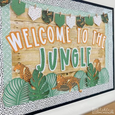 Modern Jungle Back to School Bulletin Board Kit Bulletin Board Background, Classroom On A Budget, Jungle Bulletin Boards, Forest Theme Classroom, Jungle Theme Classroom Decorations, Safari Theme Classroom, Preschool Classroom Themes, Preschool Jungle, Ashley Mckenzie