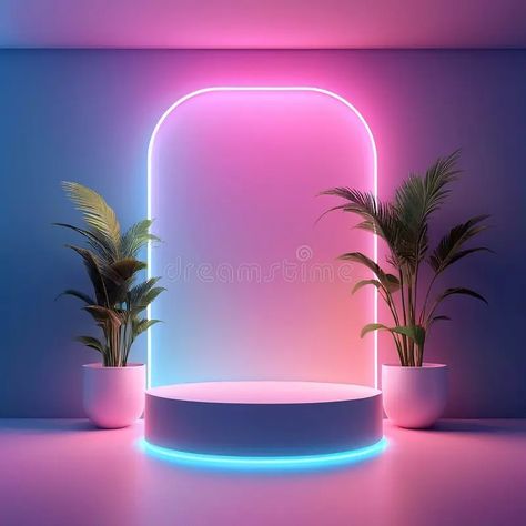 Chic Neon Lights Accentuating Sleek Product Display Stand in 3D royalty free stock photo Products Illustration, Product Display Stand, Fresh Room, Abstract Animal Art, Abstract Template, Neon Room, Circular Mirror, Neon Glow, Urban Setting