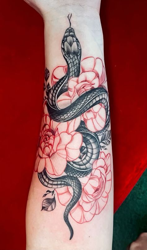 Snake And Skull Tattoo Feminine, Rattlesnake Tattoo Feminine, Arm Snake Tattoos For Women, Snake And Flowers Tattoo Arm, Rose With Snake Tattoo, Snake Wrist Tattoo Wrap, Wrist Snake Tattoo, Snake Leg Tattoo Wrap, Snake Woman Tattoo