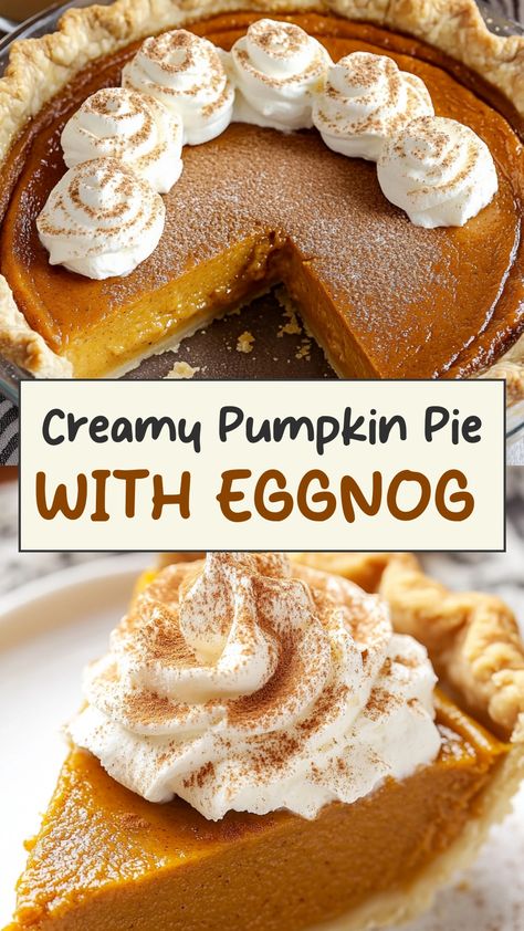 Indulge in the ultimate holiday dessert with this decadent pumpkin pie infused with creamy eggnog. The rich and spiced pumpkin filling paired with the velvety eggnog custard creates a delightful flavor combination that will impress all your guests. Whether you're hosting a festive gathering or simply craving a seasonal treat, this pumpkin pie with eggnog is sure to be a crowd-pleaser. What To Make With Pumpkin Pie Filling, Christmas Pumpkin Pie, Eggnog Dessert Recipes, Eggnog Custard, Eggnog With Rum, Eggnog Pie, Eggnog Dessert, Creamy Pumpkin Pie, Pie Crust Shield