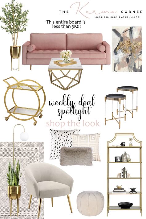 Boss Babe Office Ideas, Glam Living Room Rug, Mcm Glam Living Room, Retro Glam Living Room, Glam Design Style, Living Room With Pink Couch, Feminine Modern Living Room, Blush And Gold Living Room, Modern Feminine Living Room