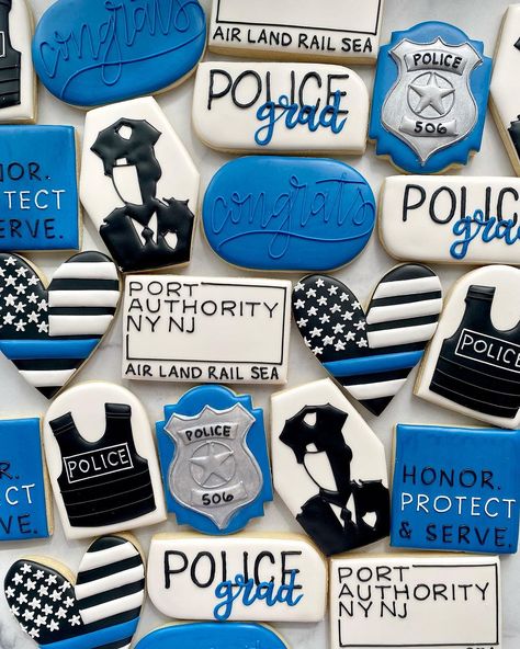 Tori | Cookie Artist 🍪 | I’ve seriously been slacking with posting cookie photos! Here’s a fun set for a police graduation that I made last weekend🩵… | Instagram Police Retirement Cookies Decorated, Police Cookies, Police Graduation, Cookies Decorated, Cookie Ideas, Port Authority, Grad Party, Grad Parties, Sugar Cookies Decorated