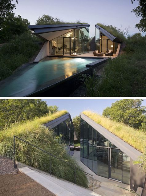 Edgeland House by Berry Chen Architects Case Sotterranee, Green Roof Design, Green Roof House, Earth Sheltered Homes, Earth Sheltered, Living Roofs, Underground Homes, Roof Architecture, Earth Homes