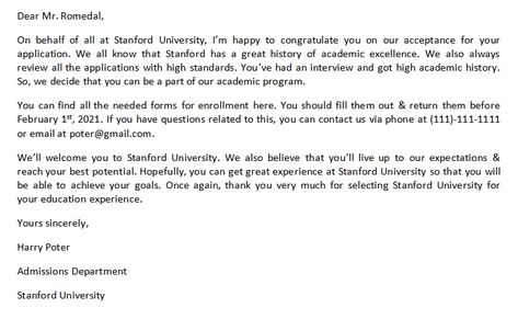 Stanford Acceptance Letter and Its Sample Stanford Acceptance, Admissions Office, Yours Sincerely, Acceptance Letter, Sign Dates, Letter Sample, Spelling And Grammar, Stanford University, Undergraduate