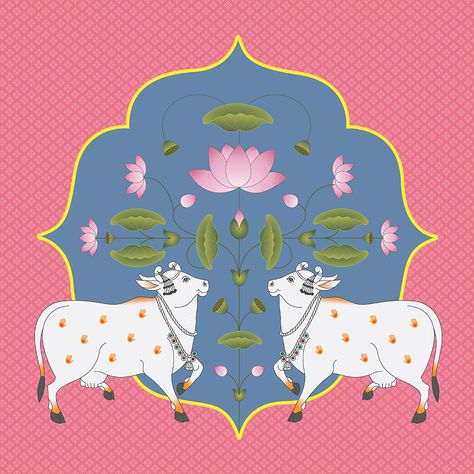 Pichwai Illustration, Modern Pichwai Paintings, Pichwai Cow Painting, Pichwai Prints, Chevron Pattern Wallpaper, Pichwai Cow, Painting For Interior, Wallpapers For Walls, Indian Traditional Paintings