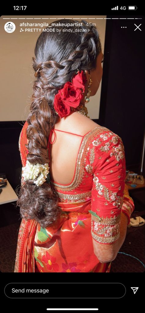 Wedding Day Hairstyles Indian, Open Hair With Rose, Red Rose Hairstyle Open Hair, Hairstyles With Rose Flower, Lotus Hairstyle, Red Rose Hairstyle, Bun With Roses, Chudi Designs, Rose Hairstyle