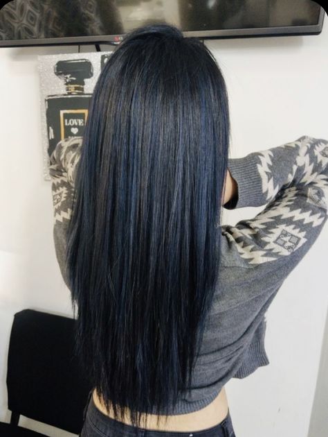 Blue Hair Highlights Straight Hair, Blue Over Black Hair, Asian Blue Black Hair, Dark Blue With Black Hair, Blue Black Hair With Blue Highlights, Black Hair With Hint Of Blue, Back And Blue Hair, Blue Hair On Dark Hair, Deep Blue Black Hair