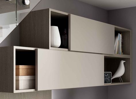 Floating Cupboards Bedroom, Study Table With Overhead Storage, Under Stairs Study, Hanging Cabinets Bedroom, Floating Cupboards, Office Cupboard Design, Clothing Shelf, Cupboards Design, Cupboard Living Room