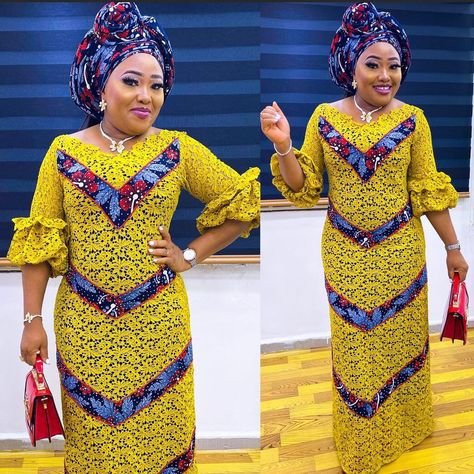 Ankara With Lace Combination Styles, Lace Combination Styles Gown, Ankara And Lace Combination Styles Gown, Asoebi Lace Style, Ankara Combination Styles, Asoebi Lace, Yakoema Fashion, Latest Gowns, African Fabric Dress