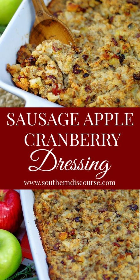 One of the BEST Southern Cornbread Dressing Recipes for the holidays! Loaded with sausage, apples and cranberries, this dressing is moist and full of flavor. #southerndiscourse #cornbreaddressing #thanksgiving #christmas #holidays #casserole #traditional Southern Cornbread Dressing Recipes, Best Southern Cornbread Dressing, Southern Holiday Recipes, Cranberry Dressing, Turkey Dressing Recipe, Southern Cornbread Dressing, Southern Discourse, Vegetarian Holiday Recipes, Dressing Recipes Thanksgiving