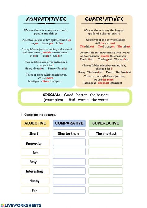 Comparative And Superlative Adverbs, Comparative Adjectives Worksheet, Adjectives Exercises, English Liveworksheet, Comparative And Superlative Adjectives, Comparatives And Superlatives, Comparative And Superlative, Education Worksheets, Adjectives Activities