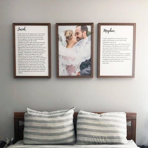 Vows In Bedroom, Framing Vows Ideas, Vow Framing Ideas, Vow Keepsake Ideas, Vow Pictures Frame, Wedding Pictures Over Master Bed, Vows Keepsake Ideas, Vows Above Bed Canvases, Wedding Photos Over Bed Master Bedrooms