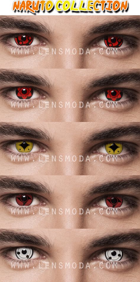 Choice of Naruto contact at LensModa.com from $27.95 per pair Eyes Of Naruto Characters, Anime Eyes Contacts, All Eyes In Naruto, Anime Eyes Naruto, Naruto Contact Lenses, Cool Contacts, Naruto Costumes, Naruto Sharingan, Manga Eyes