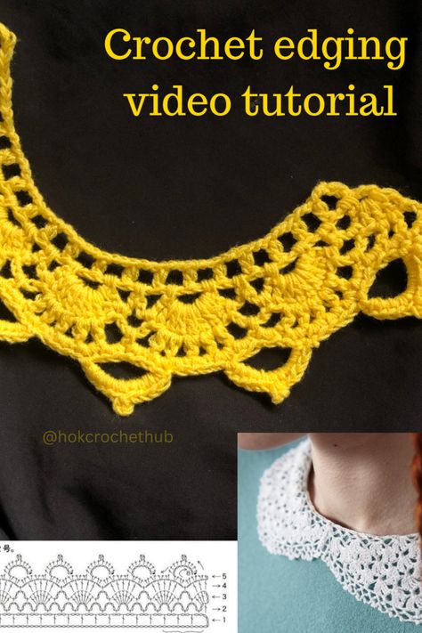 You can up level your crochet items by adding an edging to the neckline, sleeves or even base. As you see in the picture, you can also add ad edging to non crochet clothes. You can even use this as a crochet "necklace" just to add something different to your look. Crochet Sleeve Edging, Crochet Neckline Edging, Crochet Edging Tutorial, Crochet Diagrams, Crochet Edgings, Crochet Border, Your Crochet, Tutorial Crochet, Crochet Items