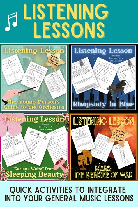 Listening lessons are excellent activities that help students develop their aural skills and become more critical thinkers. As students listen to the music, the teacher calls questions at specific times. Students must use the music at the specified times to answer a series of questions. Choose from a variety of musical selections at Mr. E's Music Room, including "Danse Macabre," "Rhapsody in Blue," and "The Young Person's Guide to the Orchestra."🎵 #teacherspayteachers #musicteacher Rhapsody In Blue, Music Teacher, Music Lessons, Music Room, Waltz, The Teacher, Teacher Store, Over 60, Teacher Pay Teachers