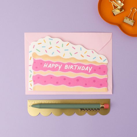 Funfetti cake for fun birthdays 🍰 🎉 • • • #funfetticake #birthdaycard #diecutcards #diecut #stationerydesign #greetingcards #greetingcarddesigner #independentpublisher #fairewholesale #indiebrand #cakecard #uniquecards Birthday Cake Graphic, Cake Greeting Card, Birthday Illustration, Creative Bookmarks, Funfetti Cake, Birthday Stuff, Cake Card, Pink Cards, Cake Slice