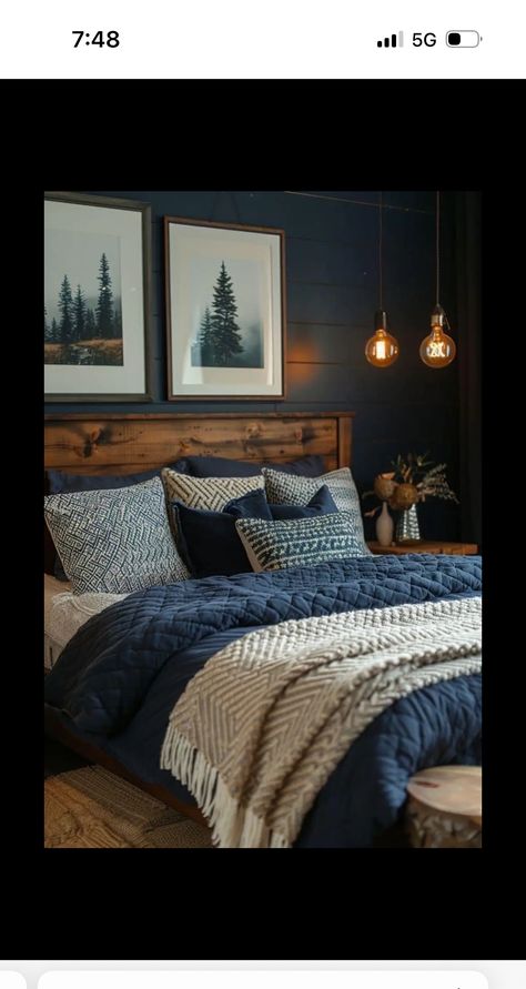 Dark Blue Bedrooms, Cabin Bedroom, Bedroom Stuff, Spare Bedroom, Blue Bedroom, Master Bedrooms Decor, Rustic Bedroom, Remodel Bedroom, Bedroom Aesthetic