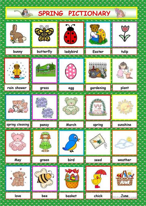 Spring pictionary - English ESL Worksheets for distance learning and physical classrooms Pictionary Words, Easter Words, Preschool Charts, British And American English, Spring Poem, Easter Templates Printables, Spring Worksheet, Spring Words, Student Christmas Gifts