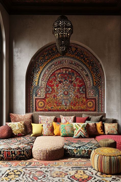 Add modern Moroccan decor elements for a rich and vibrant look. #MoroccanDecor #ModernStyle #BoldInteriors Moroccan Tea Room, Moorish Interior Design, Modern Moroccan Decor Living Room, Moroccan Design Interior, Moroccan Inspired Living Room, Modern Moroccan Interior Design, Morocco Interior Design, Moroccan Style Interior Design, Persian Interior