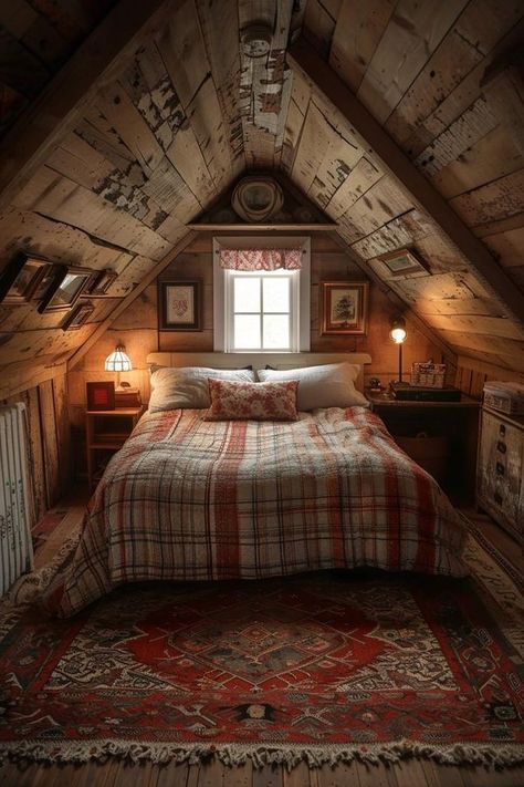 Cozy Attic Bedroom, Rustic Attic, Low Ceiling Attic, Cozy Attic, Farmhouse Bedroom Decor Ideas, Attic Bedroom Designs, Cozy Loft, Earthy Bedroom, Moody Bedroom