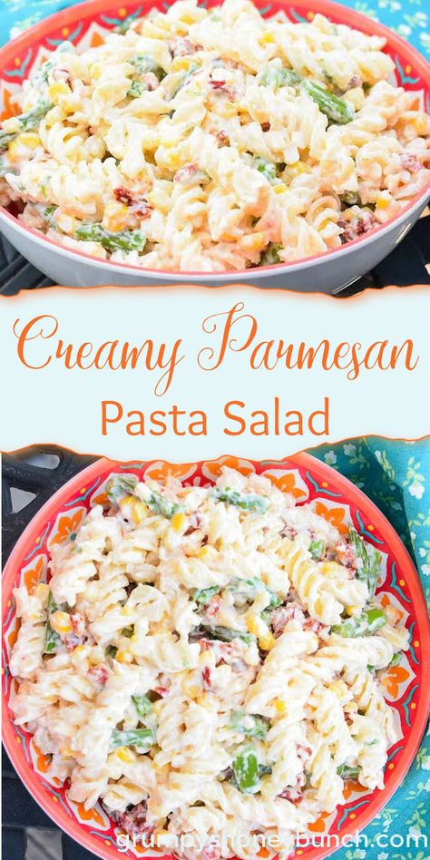 This creamy and delicious pasta salad is made with a parmesan dressing, rotini pasta, corn, asparagus, and sun-dried tomatoes. It is full of delicious flavors and is a great side dish recipe. #sidedish #pasta #salad #vegetarian #GHBrecipes Creamy Parmesan Pasta Salad, Rigatoni Pasta Salad Recipes, Best Creamy Pasta Salad, Cold Parmesan Pasta Salad, Room Temperature Pasta Salad, Pasta Salad With Parmesan Cheese, Pasta Salad Recipes Parmesan, Creamy Cold Pasta Salad, Sunshine Pasta Salad Pioneer Woman