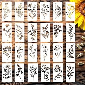 24Pcs Wildflower Stencils for Painting, Leaf Stencils for Flower Leaf Crafts, Herb Plant Painting Stencils for Art Wood Wall Door Canvas Home Decor(5.9" x 2.95") Pattern On Wall, Painted Flower Pattern, Templates Drawing, Leaf Stencils, Painted Bookcase, Card Making Flowers, Flower Stencils, Stencils Painting, Painting Stencils