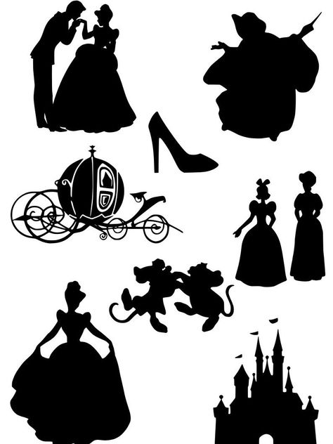 Disney Characters Silhouettes, Cinderella Svg, Cinderella Silhouette, Cinderella Quinceanera Themes, Disney Princess Silhouette, Disney Silhouette Art, Silhouette Disney, Shoe Silhouette, Deco Disney