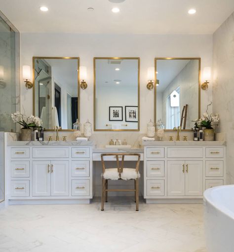 3 Mirror Vanity Master Bath, Double Sink Bathroom Makeup Vanity, 2 Sink Bathroom Vanity With Makeup Area, Makeup Bench Vanity, Vanity In The Bathroom, Master Split Vanity, Double Vanity And Makeup Vanity, Double Vanity With Center Tower And Makeup Area, Double Vanity With Seating Area