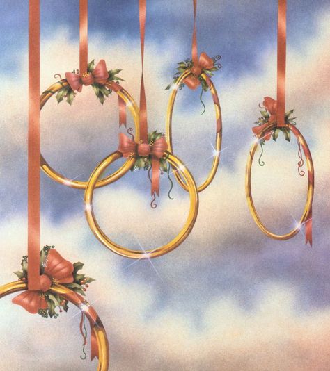 The Twelve Days of Christmas ~ 5 Golden Rings [hanging from red ribbon w/holly] Five Golden Rings Ideas, 5 Gold Rings 12 Days Of Christmas, 5 Golden Rings Christmas Ideas, 5 Golden Rings, 5 Gold Rings, Banners Ideas, Five Golden Rings, Christmas Luncheon, 12 Days Of Xmas