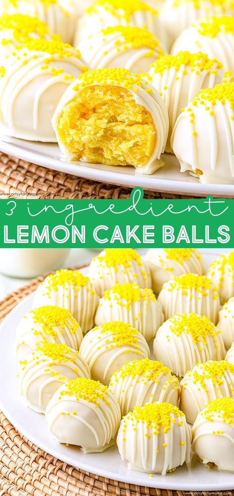 3 Ingredient Lemon Cake Balls #cakeballs #lemonrecipes #nobake #nobakerecipes #summer #easyrecipes #partyfood Cake Pops Recipe Lemon, Cakeballs Recipes, Cake Balls Decorating Ideas, Lemon Balls No Bake, Lemon Cake Balls Recipe, Cake Balls Recipe Easy, 3 Ingredient Lemon Cake, No Bake Cake Balls, Lemon Cake Pops Recipe