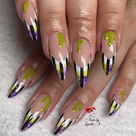 GelX nails Tornado Nails Design, Halloween Inspired Nail Designs, Magic School Bus Nails, Halloween Nails Bettle Juice, Beetlejuice Halloween Nails, Beetlejuice Toenails, Nettle Juice Nails, Beetlejuice Nail Ideas, Beetlegeuse Nails