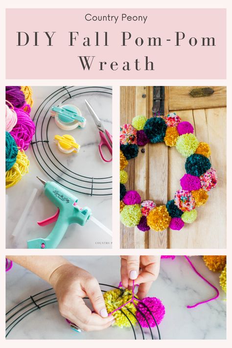 Diy Pom Pom Wreath How To Make, Pom Pom Yarn Patterns, Fall Pompom Wreath, Pompom Wreath Tutorial, Diy Pompom Wreath, Fall Wreath Diy Easy, Yarn Crafts To Sell Easy Diy, How To Make A Pom Pom Wreath, Fun Christmas Wreath Ideas