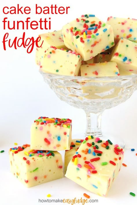 This Cake Batter Funfetti Fudge loaded with rainbow sprinkles makes the perfect treat for a birthday party or any festive celebration. This fudge is velvety smooth and tastes like you are biting into a slice of creamy yellow cake. Recipe at HowToMakeEasyFudge.com. #fudge #birthdaycake #sprinkles #funfetti Funfetti Fudge, Birthday Cake Fudge, Cake Batter Fudge, Party Food Dessert, Birthday Party Desserts, Homemade Fudge, Dessert Party, Fudge Easy, Easy Treats